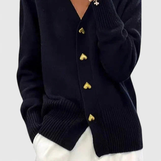 Women's Pink Cardigan - Gold Heart Buttons V-Neck Soft Knit
