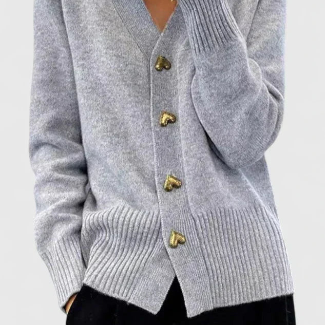 Women's Pink Cardigan - Gold Heart Buttons V-Neck Soft Knit