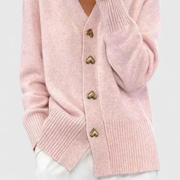 Women's Pink Cardigan - Gold Heart Buttons V-Neck Soft Knit