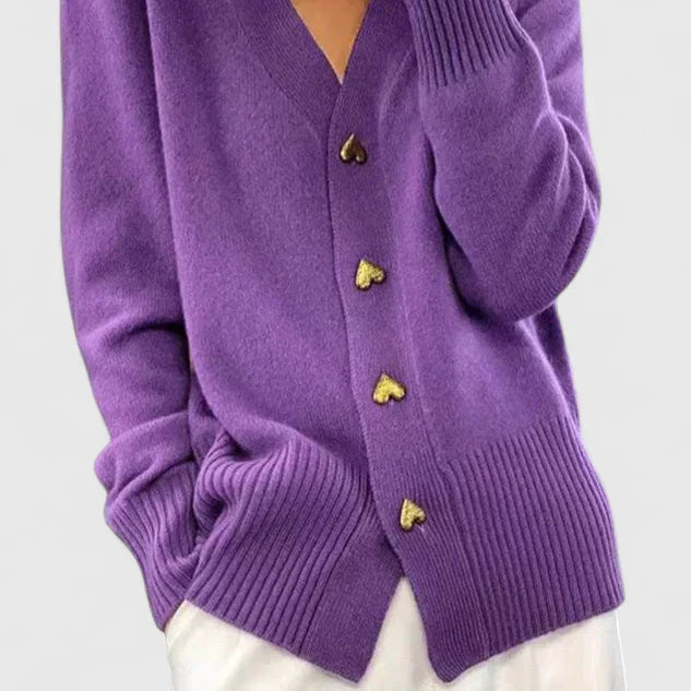 Women's Pink Cardigan - Gold Heart Buttons V-Neck Soft Knit