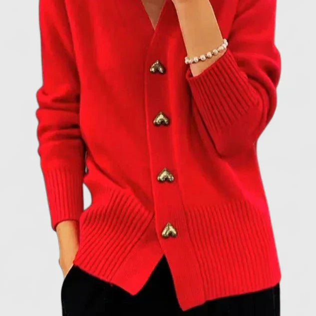 Women's Pink Cardigan - Gold Heart Buttons V-Neck Soft Knit