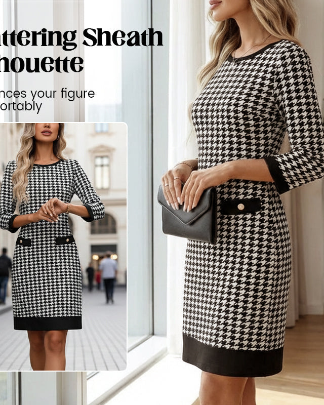70% OFF Hot Sale: Women's Houndstooth Bodycon Midi Dress with Crew Neck