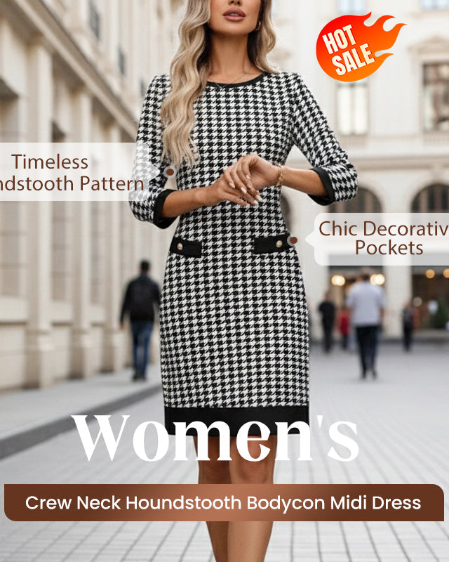 70% OFF Hot Sale: Women's Houndstooth Bodycon Midi Dress with Crew Neck