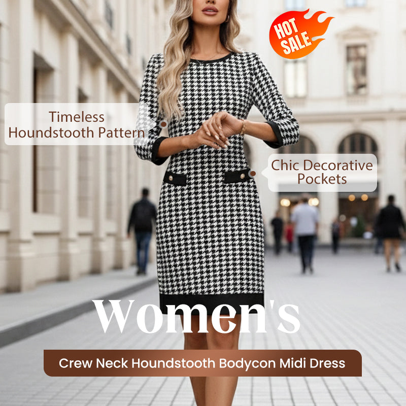 70% OFF Hot Sale: Women's Houndstooth Bodycon Midi Dress with Crew Neck