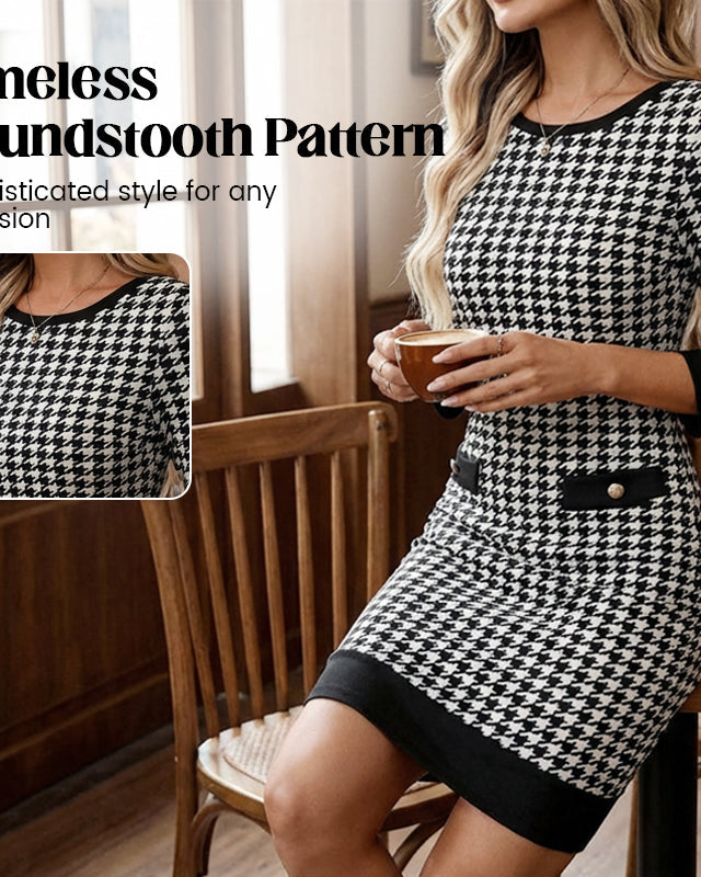 70% OFF Hot Sale: Women's Houndstooth Bodycon Midi Dress with Crew Neck
