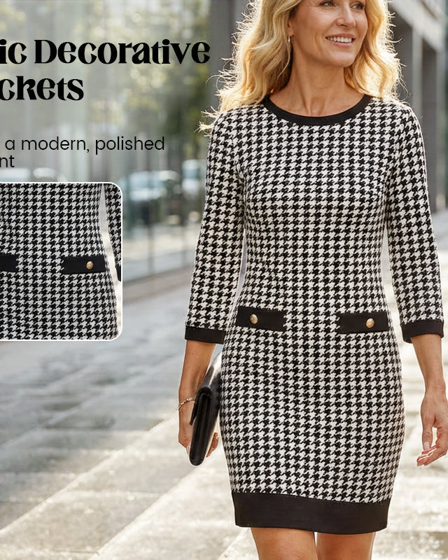70% OFF Hot Sale: Women's Houndstooth Bodycon Midi Dress with Crew Neck