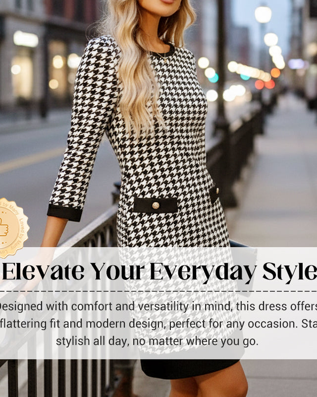 70% OFF Hot Sale: Women's Houndstooth Bodycon Midi Dress with Crew Neck
