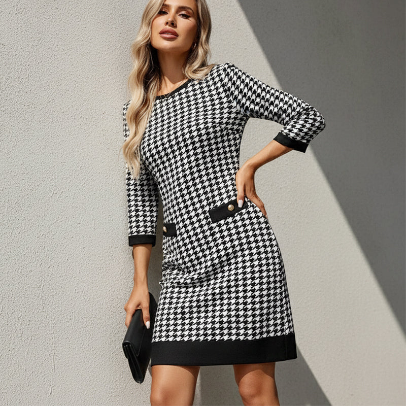 70% OFF Hot Sale: Women's Houndstooth Bodycon Midi Dress with Crew Neck