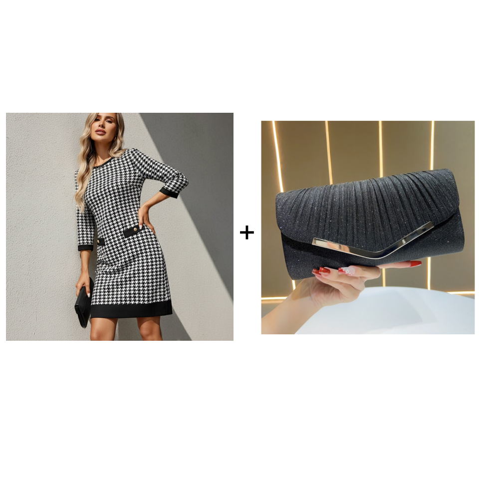 70% OFF Hot Sale: Women's Houndstooth Bodycon Midi Dress with Crew Neck