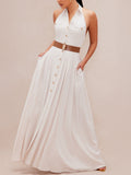 Women's Beige Pleated Dress with Elegant Buttons