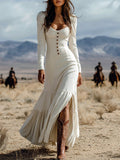 Women's Sexy Long Sleeve Western Style Button-Front Maxi Dress