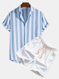 Men's Bold Wide-Stripes Print Shirts & Swim Shorts Set