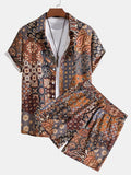 Men's Stylish Paisley Patchwork Print Button-Up Shirt & Shorts Set