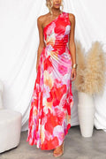 Women's Asymmetrical sleeveless printed and pleated long dress for