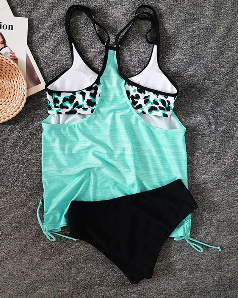 Women's Solid Tankini with Leopard Print