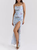 Women's Blue Loral Printed Mesh Maxi Dress for an Elegant and