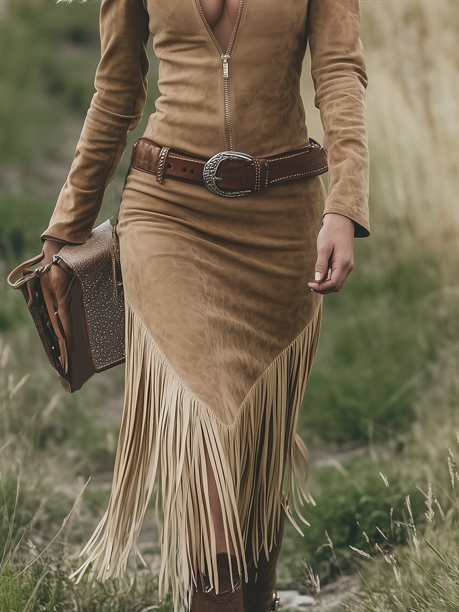 Chic Retro Western Midi Dress with Tassels