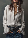 Women's White Ruffled Blouse with Zipper Detail