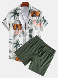 Men's Palm Tree Beer Print Button-Down Shirt & Solid Drawstring