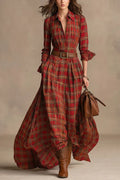Women's Long plaid shirt maxi dress with long sleeves and buttons
