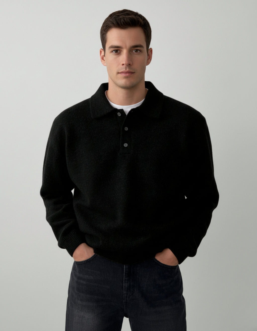 Jersey Polo de Punto de Hombros Caídos para Hombre – Negro