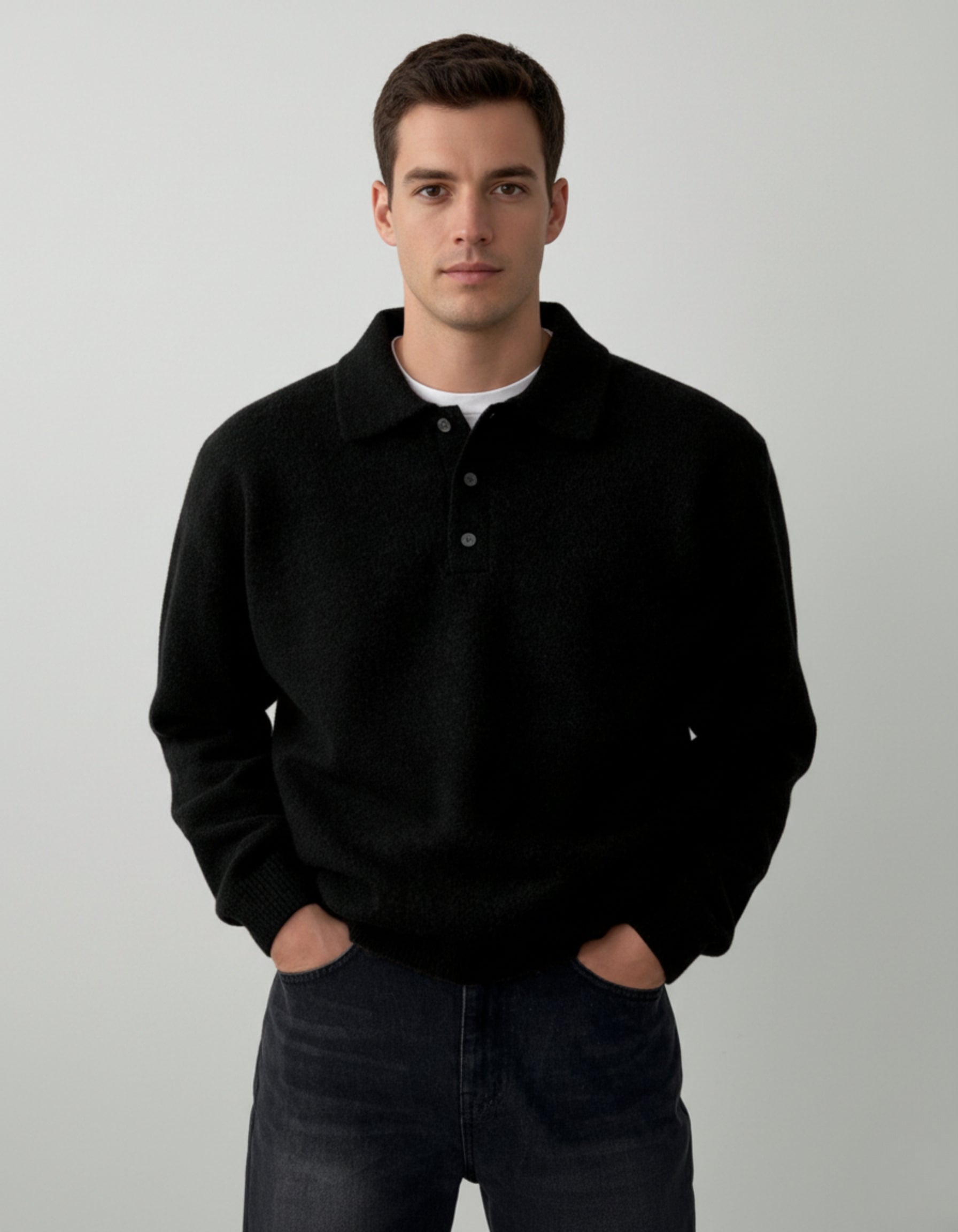 Jersey Polo de Punto de Hombros Caídos para Hombre – Negro