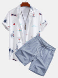 Men's Palm Tree Nautical Print Button-Down Shirt & Striped Swim Shorts