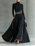 Women's Elegant Black Maxi Dress with White Stitching, High Neck