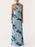 Women's Elegant Long Maxi Dress with Floral Print and Deep V Neckline