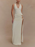 Women's Elegant Slinky Beaded Maxi Dress in Ivory - Perfect for