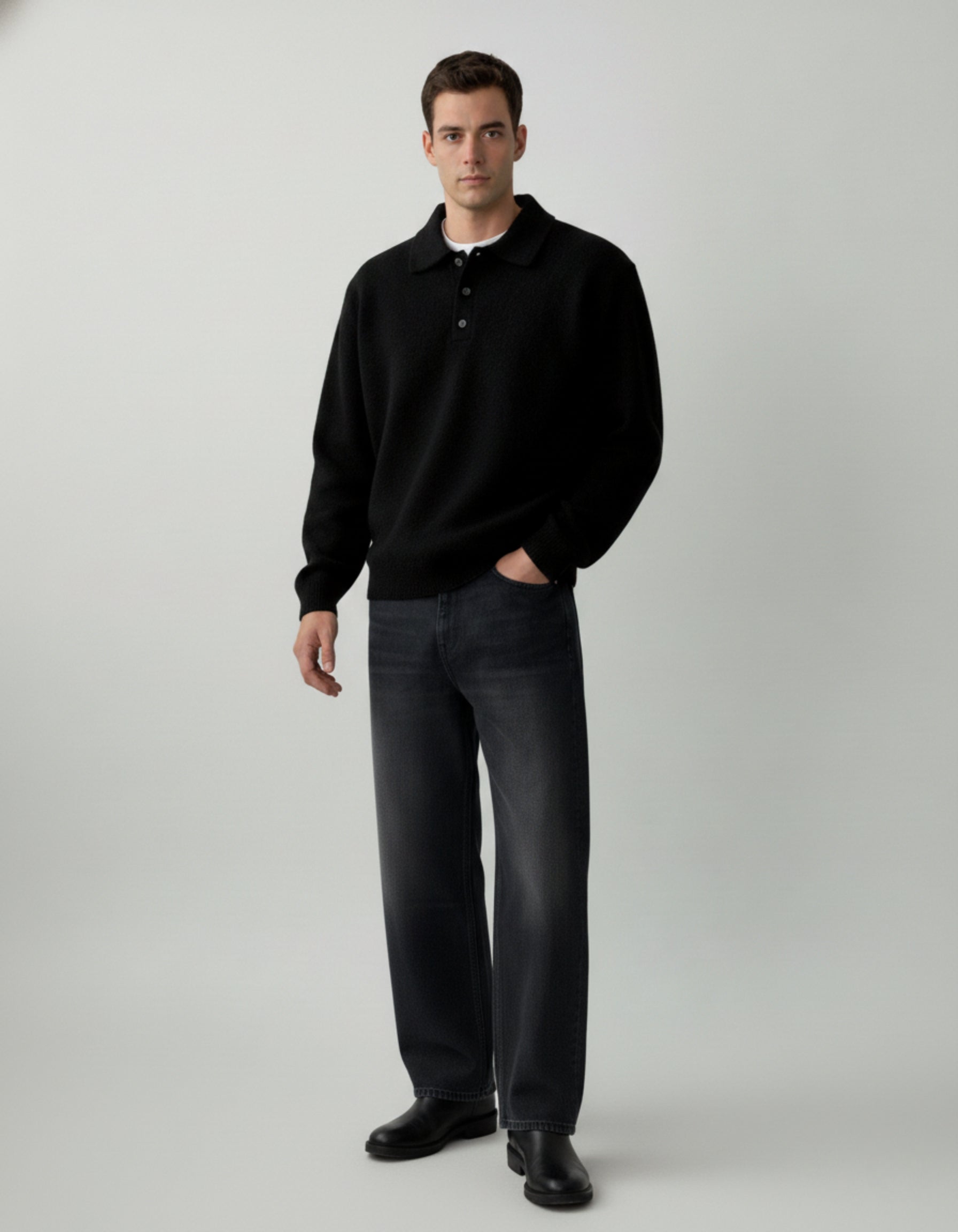 Jersey Polo de Punto de Hombros Caídos para Hombre – Negro