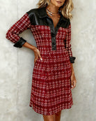 Chic Patchwork and Houndstooth Long-Sleeve Dress