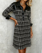 Chic Patchwork and Houndstooth Long-Sleeve Dress