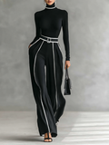 Chic Women's Two-Piece Set: High-Neck Long-Sleeve Top, Wide-Leg