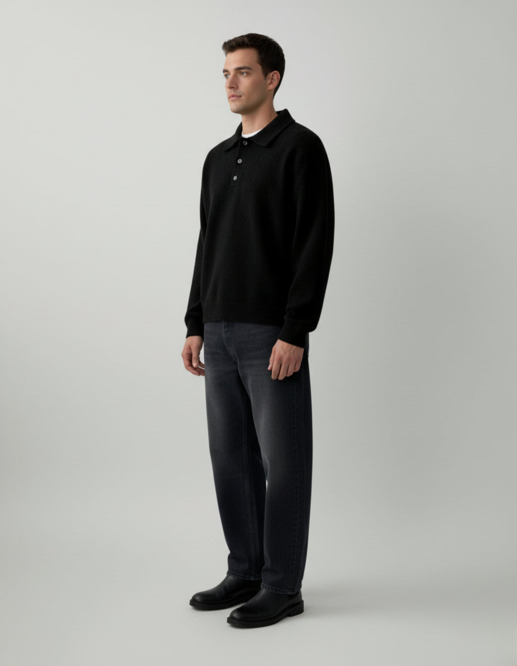 Jersey Polo de Punto de Hombros Caídos para Hombre – Negro