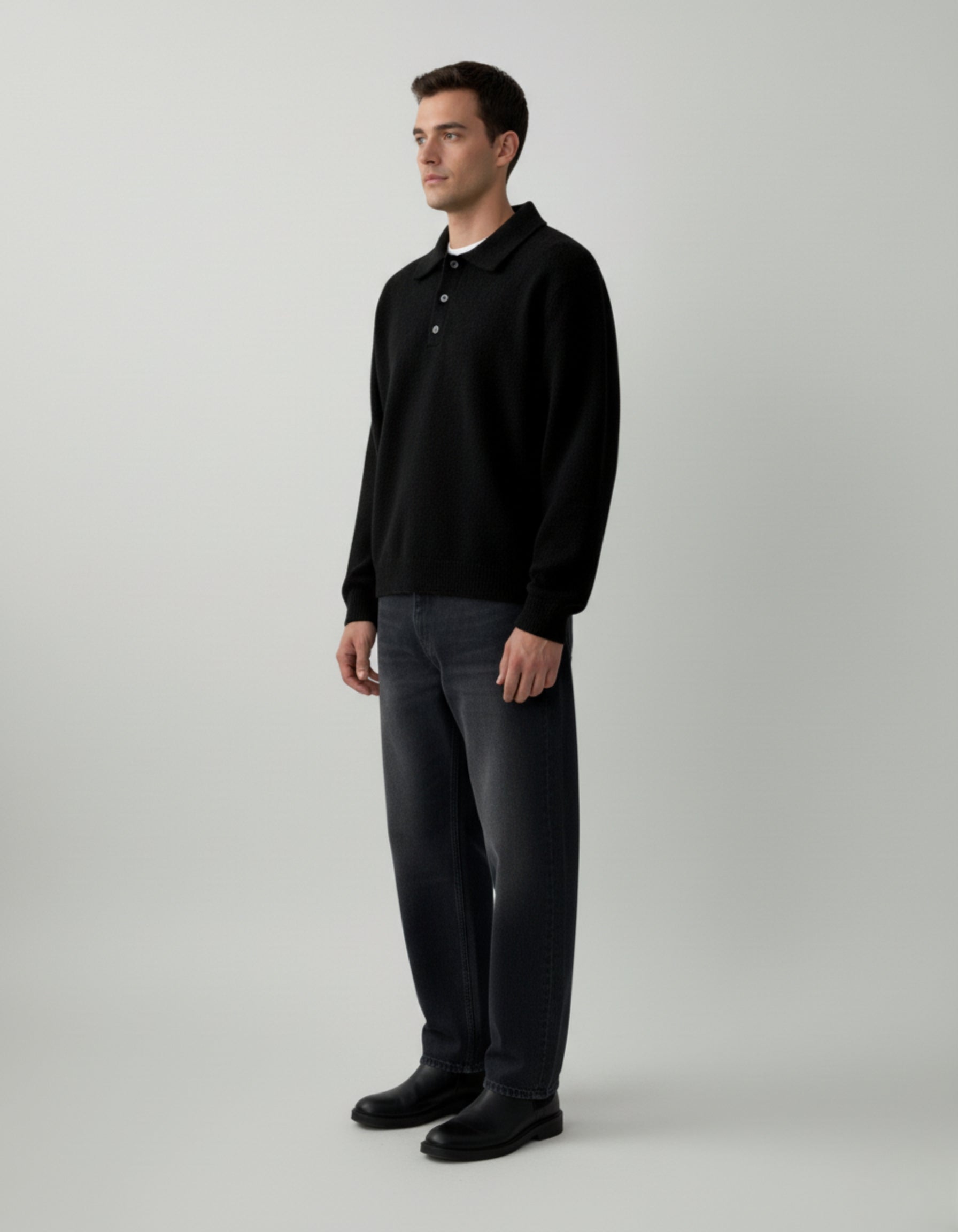 Jersey Polo de Punto de Hombros Caídos para Hombre – Negro