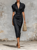 Chic Women's Solid Color Midi Dress with V-Neck and Short Sleeves