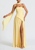 Women's Long strapless dress with slit and elegant ribbon