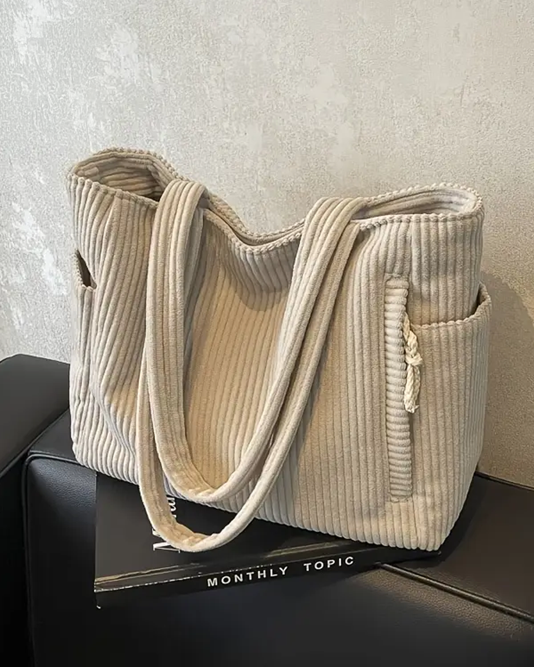 Ribbed Tote Bag with Cord Detailing