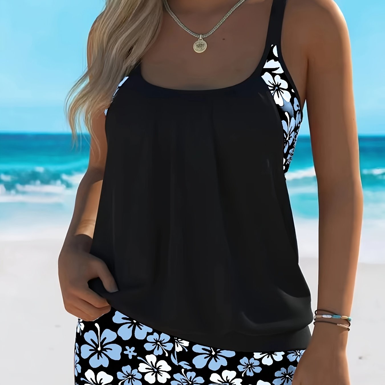 Women's Isabella Blue Floral Tankini Set - Elegant Two-Piece Swimwear