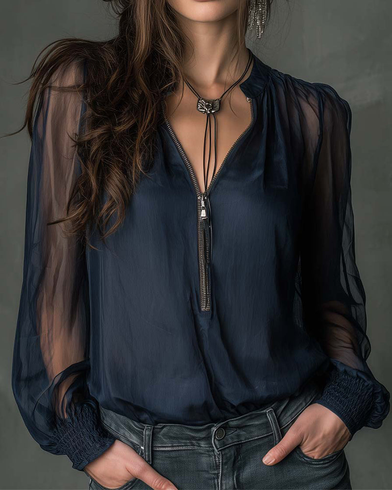 Long-Sleeve Knit Blouse with Half-Zip Detail