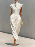 Women's Elegant Maxi Dress with Notched Collar and Cozy Hooded Sleeves