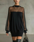Women's Chic Solid-Color Lantern-Sleeve Patchwork Dress