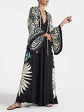 Women's Elegant Maxi Dress with Floral Print and Cascade Sleeves