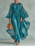 Elegant Maxi Dress for Women – Round Neck, Long Sleeves, and