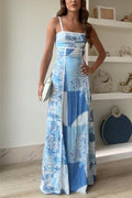 Women's Elegant Ric Rac Straps Bow Back Printed Maxi Cami Dress
