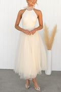 Women's Elegant Maxi Dress with Tulle Details and Halter Neckline