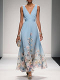 Elegant Light Blue Floral Chiffon V-Neck Sleeveless A-Line Long Dress