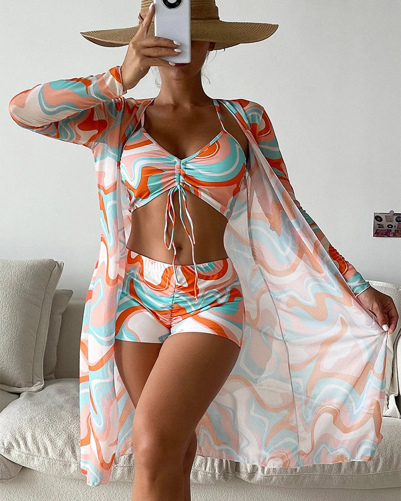 Women's 3-Piece Printed Bikini Set - Printed Bikini With Cover-Up