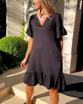 Women's V-Neck A-Line Dress with Short Flared Sleeves